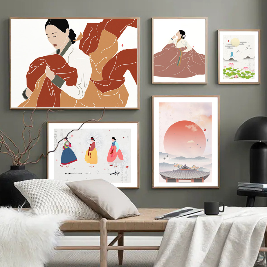 Korean Arts And Lifestyle - สไตล์เกาหลีโบโฮฮันบกสาวเอเชียศิลปะความงามพิมพ์ภาพวาดผ้าใบโปสเตอร์สำหรับห้องนั่งเล่นตกแต่งบ้านโมเดิร์น